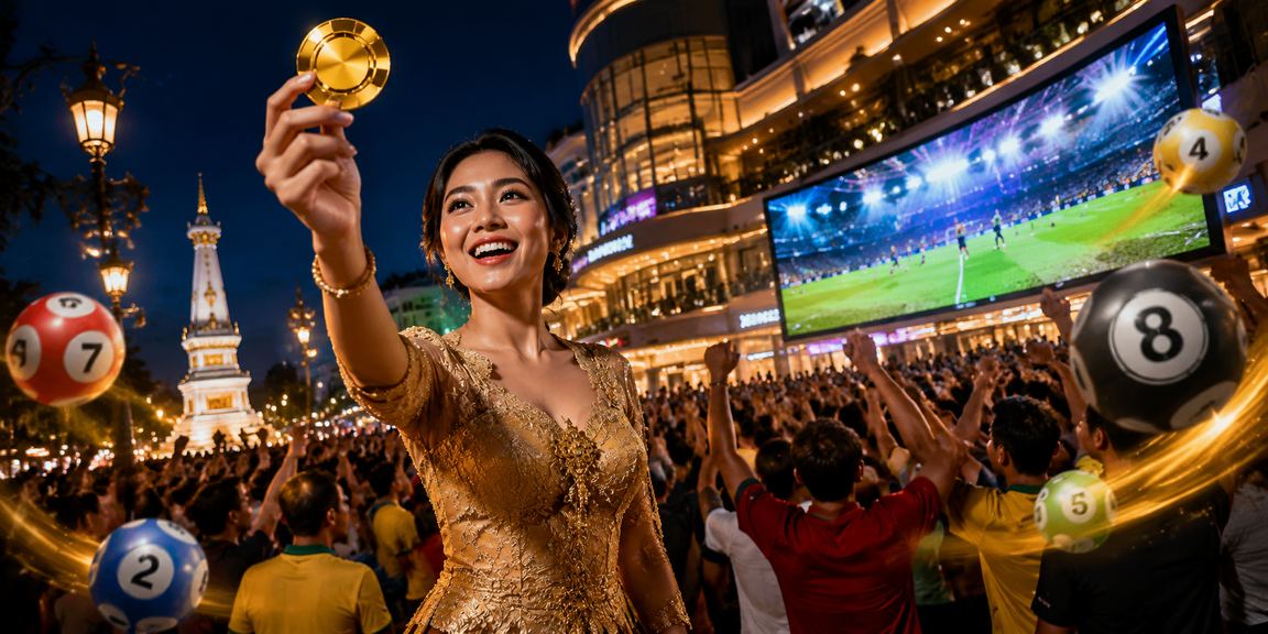 Model yang berpose dengan tampilan platform casino online di lingkungan urban Vietnam